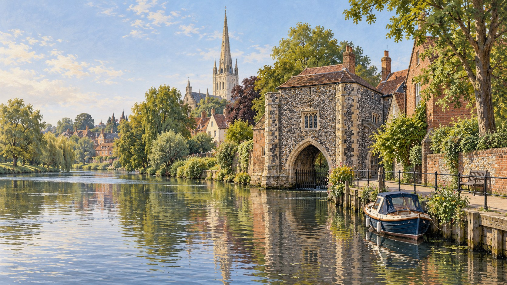 Artist’s impression of Pull’s Ferry on the River Wensum with Norwich Cathedral’s spire beyond